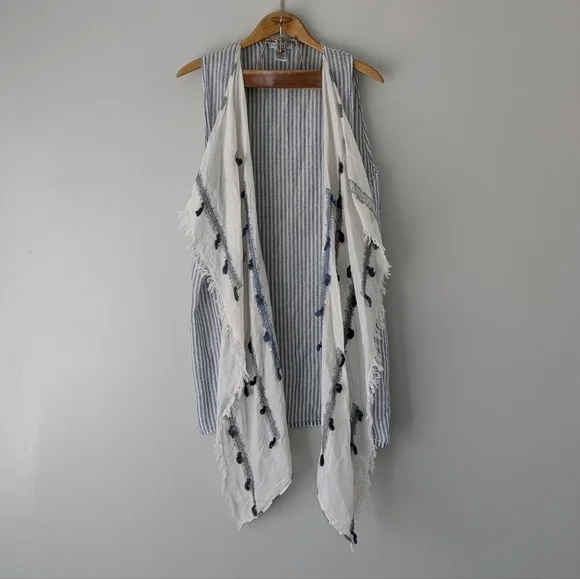 Anthropologie Blue & White Striped Linen Vest with Fringe Scarf - Picture 1 of 5